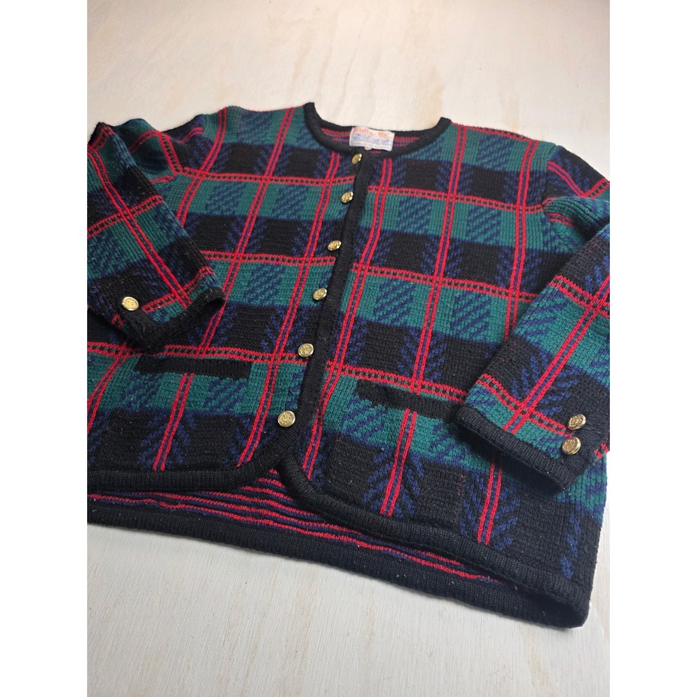Vintage Tally-Ho Plaid Cardigan Sweater Gold Crest Buttons Green Red Black M